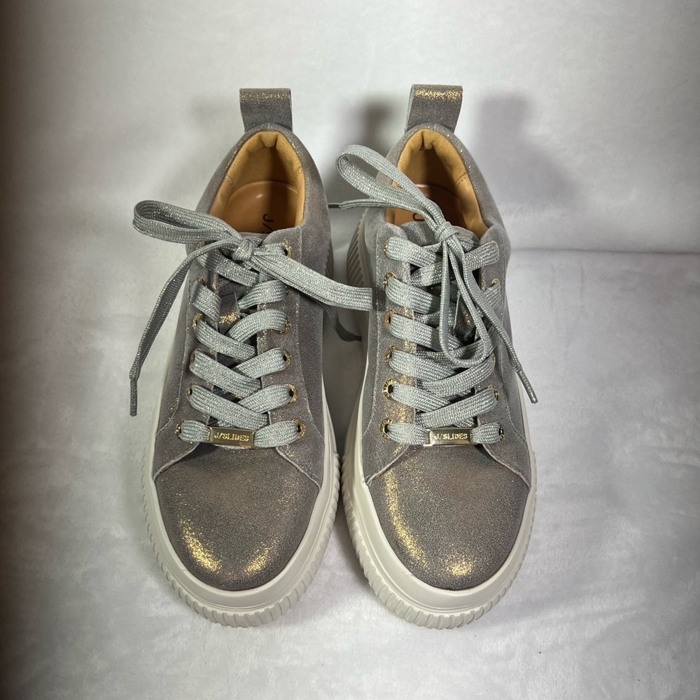 J/SLIDES Gray with Gold Metallic Finish Lace Up Shoes Leather Upper Size 6 - Picture 2 of 14